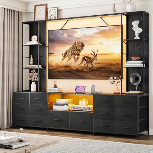 96 Large Wall Unit Entertainment Center with 14 Fabric Drawers and LED Lights Large TV Stand for TVs up to 70 with Power Outlets Bookshelves Multifunctional Media Console for Living Room Black