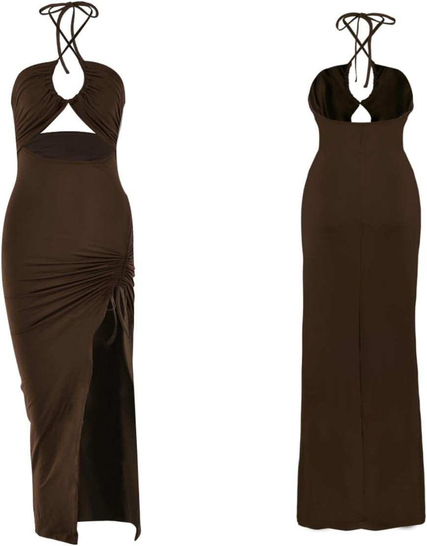 Women Sexy Halter Bodycon Maxi Dress Summer Cut Out Side Split Sleeveless Dress Ruched Backless Clubwear for Party Date - Image 6