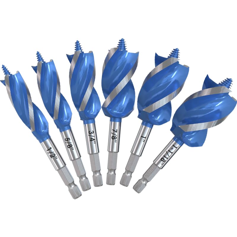 6PCS Auger Drill Bit Set for Wood - Sizes 1/2", 5/8", 3/4", 7/8", 1" & 1-1/8" - Hex Shank Quick Change Auger Bits for Hardwood, Softwood, Plastic - Impact Ready
