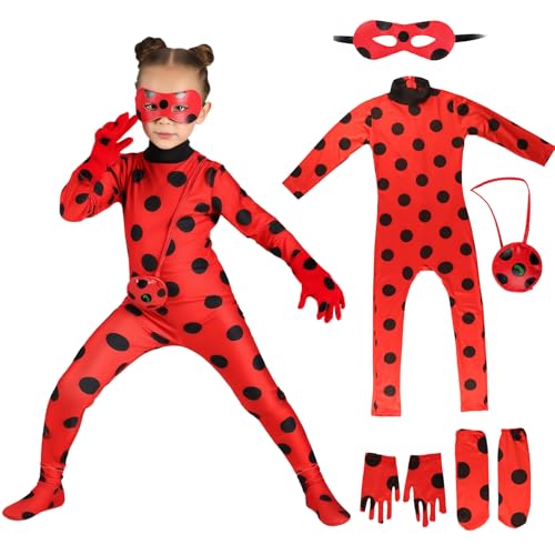 Costume da coccinella per bambini, costume da supereroe per bambini, tuta a pois, guanti, calzini, maschera per gli occhi, costume per Halloween, Giornata mondiale del libro, feste a tema animale