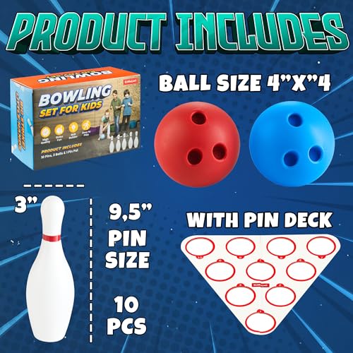 image for KiddieLoot Kids Bowling Set - 10 White Plastic Pins & 2 Lightweight Bo