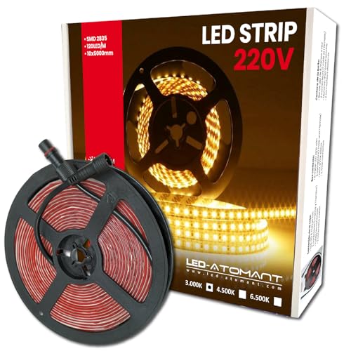 LED ATOMANT Rotolo da 10 metri di Striscia LED Diretta a 220V, 12W/m, Colore Bianco Caldo (3000K), Impermeabile (IP65), Taglio ogni 10cm