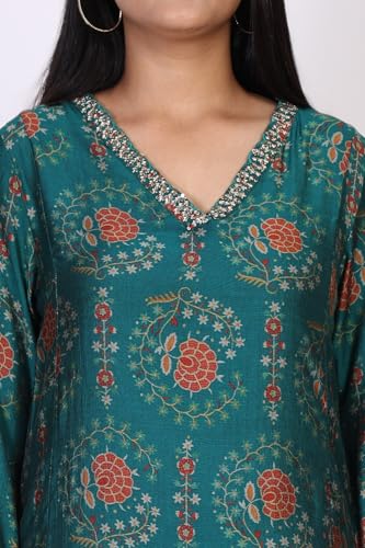 Image of W for Woman Floral Printed Embellished A-Line Art Silk Kurta with Straight Pant Set