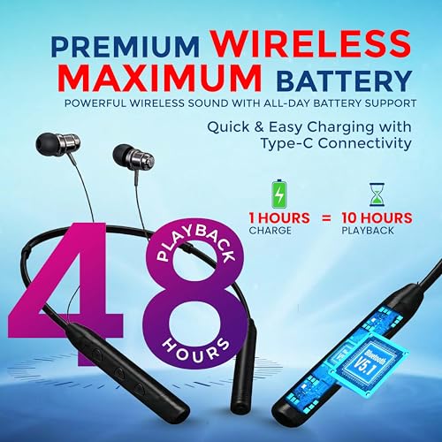 Image of MAK Wireless Neckband Earphones with 12mm Deep Bass, Magnetic Earbuds, Lightweight Ergonomic Design, Bluetooth Connectivity & Long Battery Life, Premium Black Neckband in Black