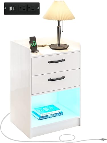 Juego de 2 mesitas de noche blancas con estación de carga y luces LED mesas de noche modernas con cajón de almacenamiento y 2 puertos USB y tomas de