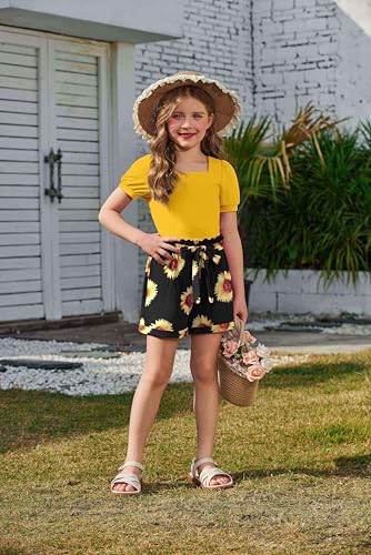 Image of Arshiner Toddler Girls 3 Piece Outfit Set Puff Sleeve Square Neck Top with Shorts and Matching Headband Summer Clothes 2T-8Y