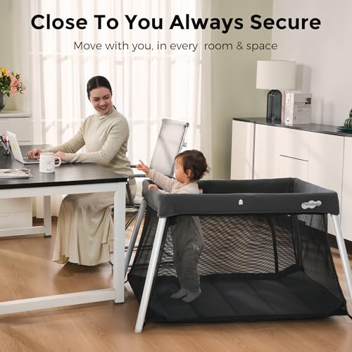 Image of Pamo Babe Travel Pack and Play, Foldable Portable Playpen with Mattress | Certified Baby Safe, Grey Playard with Zipper Door, Lightweight Baby Travel Bed with Backpack, Travel Crib for Outdoor Indoor