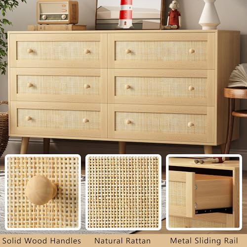 Image of HUANLEGO Rattan Dresser for Bedroom, Modern 6 Drawer Dressers & Chest of Drawers, Natural Boho Dresser with Handles Wood Storage Organizer Modern Dressers for Closet, Hallway, Office