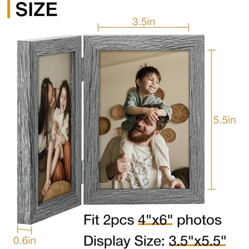 decorUhome Double 4x6 Picture Frame Vertical, Engineered Wood Bifold Photo Frame with Plexiglass for Tabletop Display, 4x6, Grey