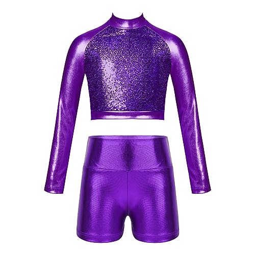 FEESHOW Kids Girls 2 Piece Metallic Ballet Dance Gymnastics Leotard Outfit Yourth Sequins Crop Top with Shorts Set