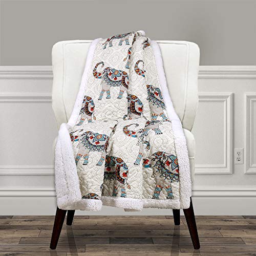 Lush Decor Hati Elephant Throw | Fuzzy Reversible Bohemian Sherpa Blanket - 60” X 50”, Navy And Turquoise #TOP5