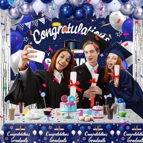 Graduation Decorations Class of 2024, Navy Blue and Silver Graduation Decorations, 2024 Graduation Party Decoration with Congratulations GRADUATE Backdrop Banner Balloons for College Nurse High School - Thumbnail 3