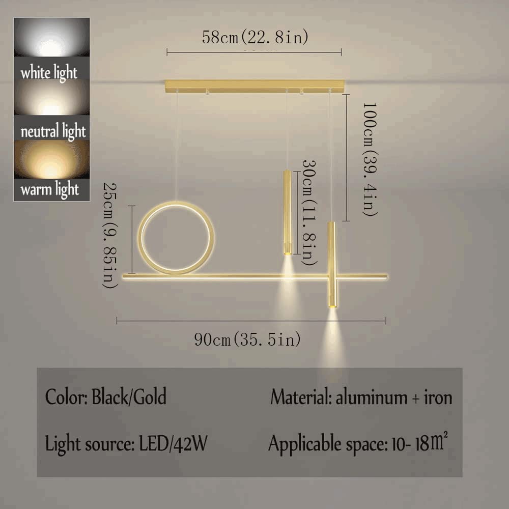 Nowoczesna lampa wisząca z długim pierścieniem z oświetleniem LED i reflektorem, metalowa lampa wisząca do jadalni, salonu i baru. Regulowana lampa sufitowa, żyrandol - złoty - A