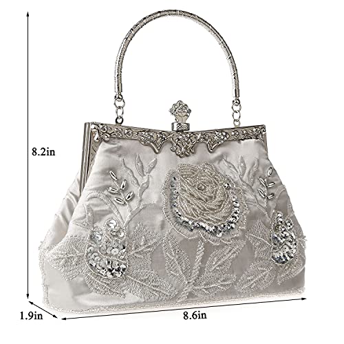 Guozi Vintage Floral Beaded Rhinestone Embroidery Clutch Sequin Wedding Party Prom Bag Crossbody Evening Handbag For Bridal Ladies (Silver) #TOP1