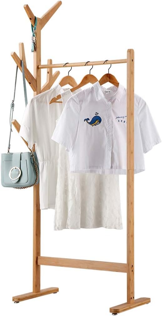 LANGRIA Single Rail Bamboo Garment Rack with 8 Side Hook Tree Stand Coat Hanger and Four Stable Leveling Feet for Jacket, Umbrella, Clothes, Hats, Scarf, and Handbags White