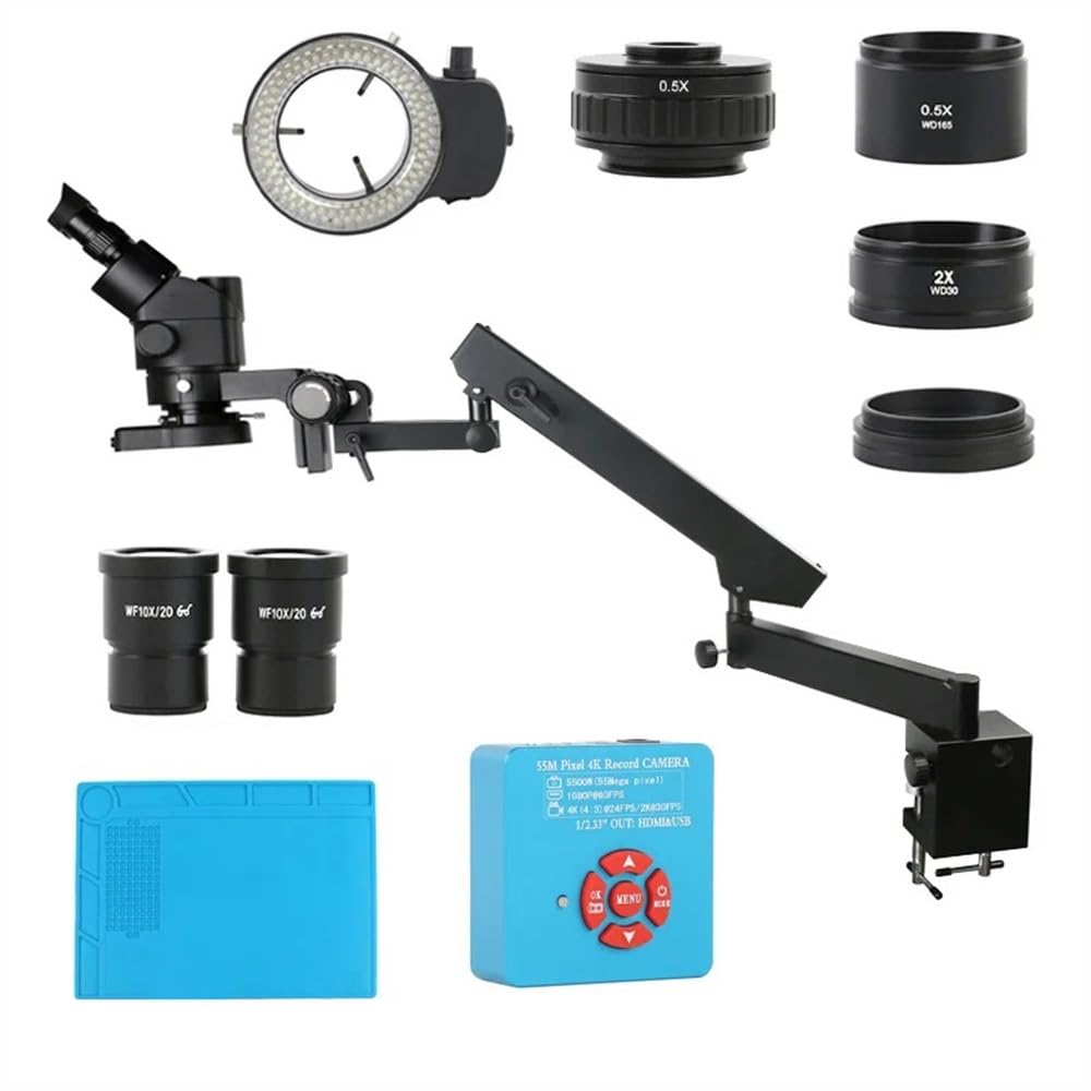 Microscope 3.5X45X Simul-Focal Trinocular Stereo Microscope 4K 2k 55MP HDMI USB Video Camera Articulating Arm Pillar Clamp Phone Repair kit(55MP 2K 4K HDMI USB-03)