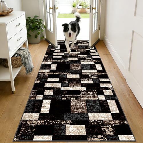 HAOYUES Alfombra de Pasillo Larga 110 x 240 cm Alfombra Cocina Antideslizante Lavable Negra Suave Alfombras de área Tapete Corredor Largo para Salón, Entrada, Pasillo, Lavandería