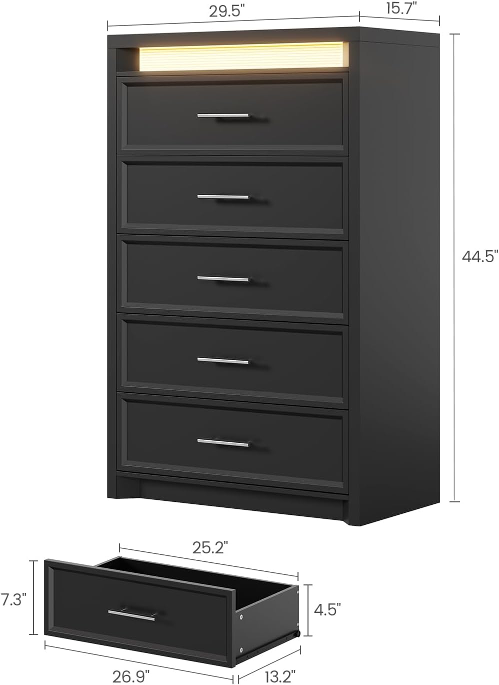 AOGLLATI Black Dresser for Bedroom with 5 Drawer, Dressers& Chests of Drawers, 44.5” Tall Wood Mid-Century Modern Dresser with 3 Color Lights for Bedroom, Black