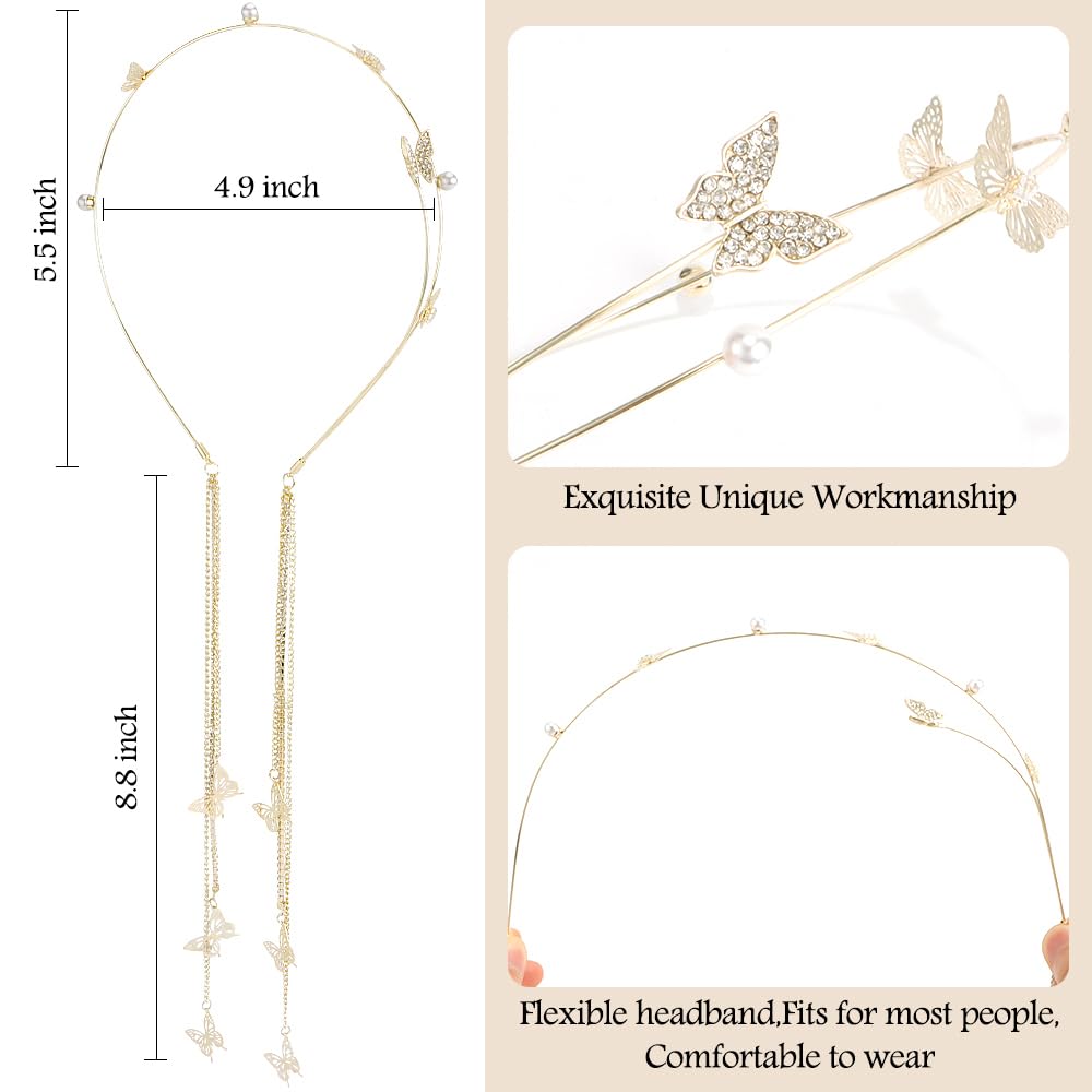 Gold Colored Rhinestone Butterfly Headband Butterfly Rhinestone Headband Gold Head Chain Tassels Rave  main image 4