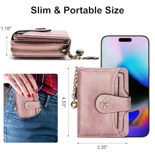 KUNWFNIX Wallet Women Small Leather Slim Wallet Bifold Womens Card Wallet with Zipper Coin Pocket ID Windows (Pink 933)4