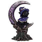 Black Cat and Crescent Moon Figurine,Witches Familiar Magical Black Cat with Witch Hat and Crescent...