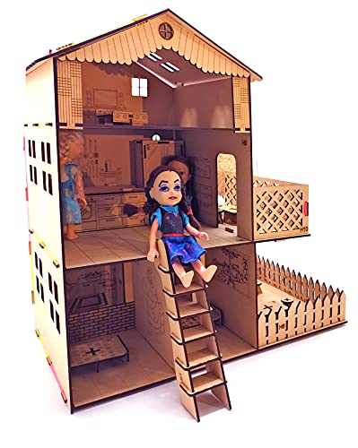 Image of Big Size Doll House and Furniture Making Kit. Painting Kit. 18 Inch Height and 18 Inch Width. Premium Pine Wood 3D Puzzle. No Hammer, Glue Required.
