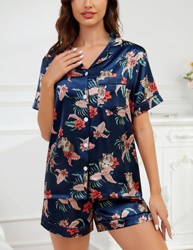 Image of SWOMOG Womens Silk Satin Pajamas Set Short Sleeve Sleepwear Button Down Top and Shorts Loungewear 2 Piece Pjs Set XS-3XL