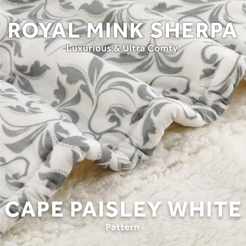 Image of Sunbeam Royal Mink Sherpa Heated Throw Electric Blanket, 50 inch x 60 inch, 4 Heat Settings, 4-Hour Auto Shut-Off, Warming Throw for Couch, Fast Heating, Machine Washable, Warm and Cozy, Grey Cape Paisley