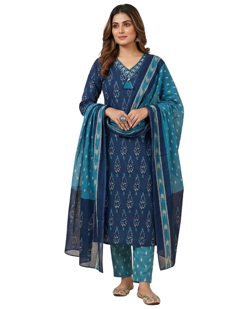 lavanya kurti Women's Cotton Ikat Print Kurti with Pant & Dupatta Set | Indigo Blue Straight Kurta Set | Ethnic Wear for Women | Regular Fit (M to 2XL)-picture-39