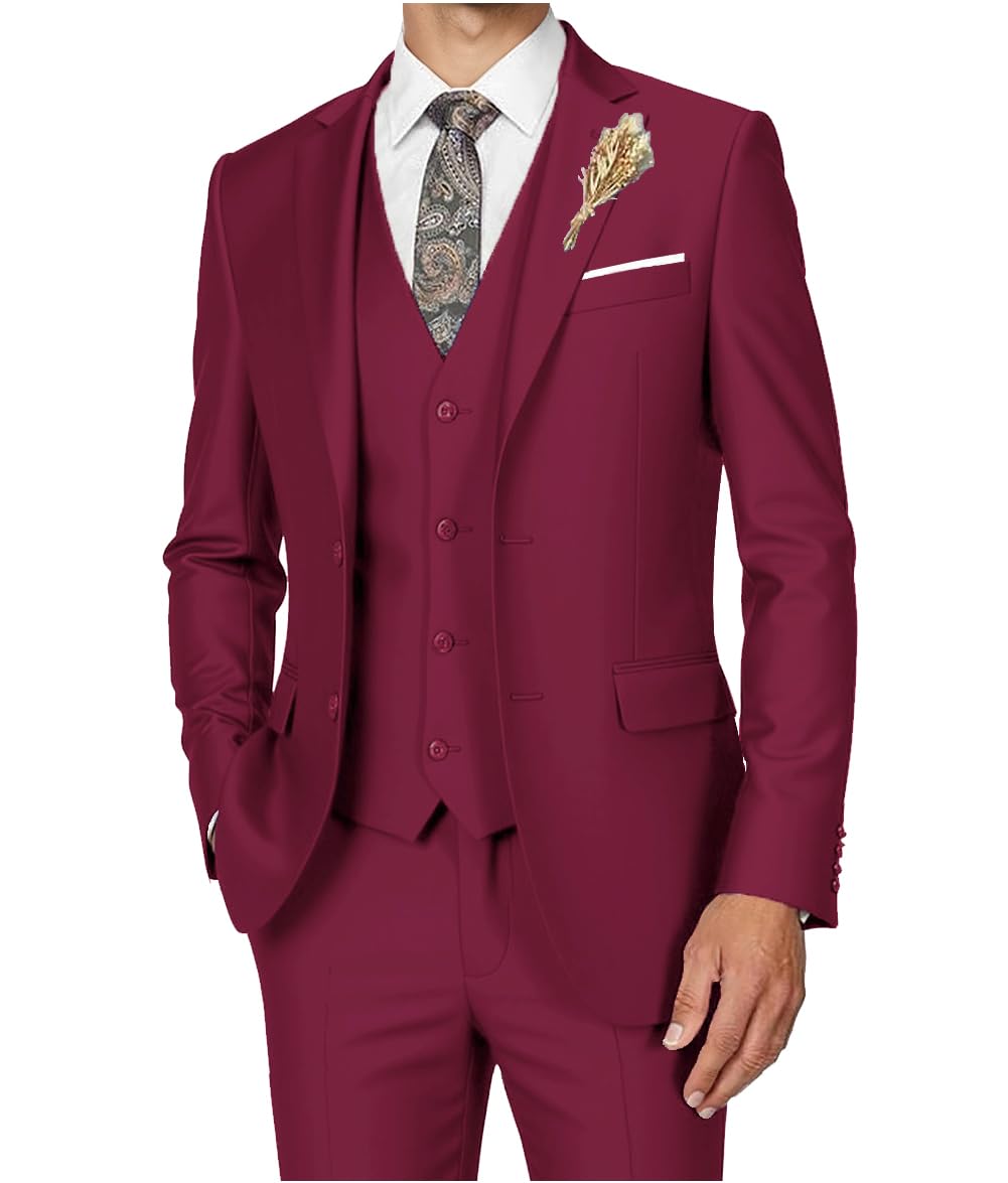 Men's Suits 3 Piece Slim Fit Dress Tuxedo for Men Two Button Solid Jacket Vest Pants Set