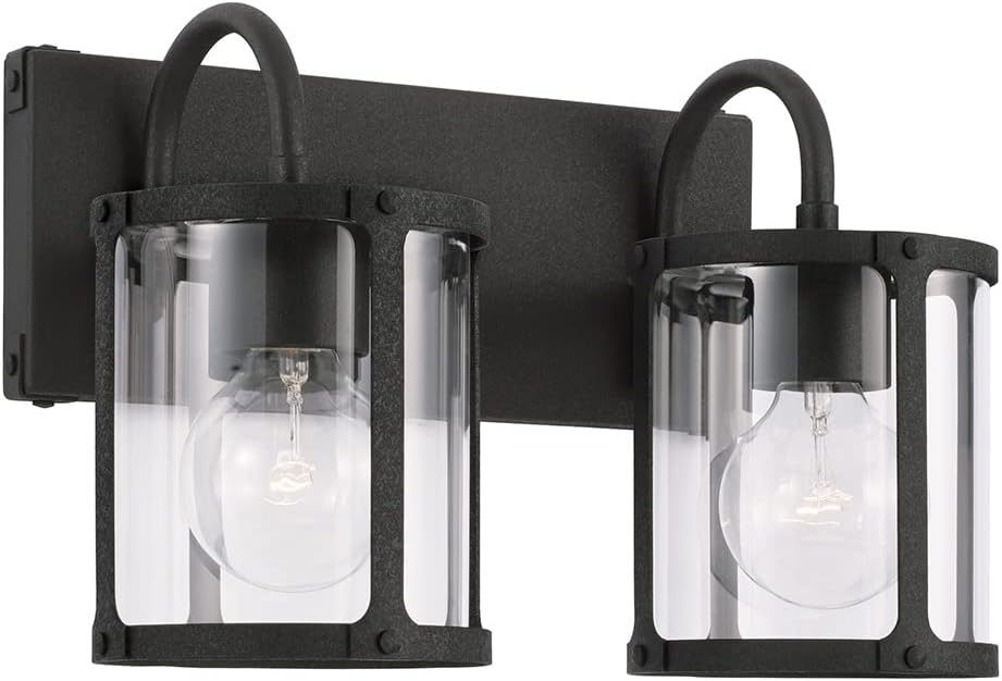 Capital Lighting 144921BI-527 Brennen Urban Industrial Clear Glass Vanity Fixture for Bathroom, 2-Light 200 Total Watts, 10" H x 15" W, Black Iron