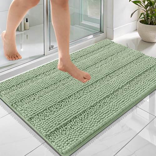 Image of OLANLY Thick Bathroom Rugs 36x24, Extra Soft Absorbent Chenille Striped Bath Rugs, Rubber Backing, Machine Wash Dry, Bath Mats for Bathroom Floor, Tub and Shower, Home Decor Accessories, Sage Green