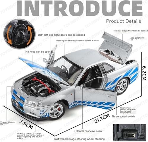 Image of 1:24 Nissan GT R34 Skyline Die-Cast Car Toy - Alloy Pullback Model with Lights, Sound & Opening Doors - Realistic Sports Car Toy for Kids & Collectors White