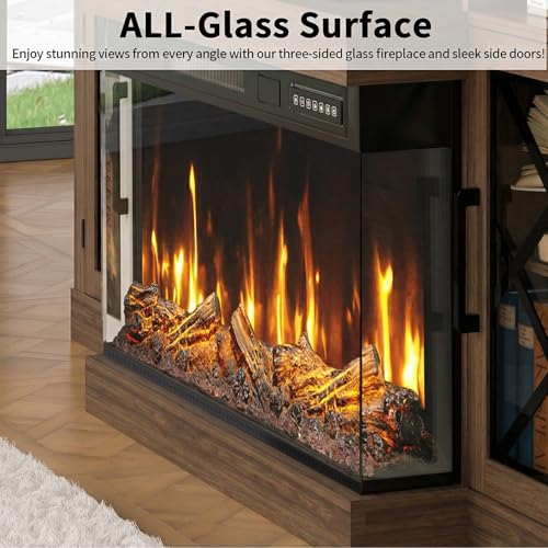 Image of BREEZEHEAT Fireplace TV Stand for TVs up to 75 inch, 3-Sided Electric Entertainment Center with 30 inch LED Fireplace, Media Console w /Storage Cabinet & Glass Doors, 65Inch, Walnut