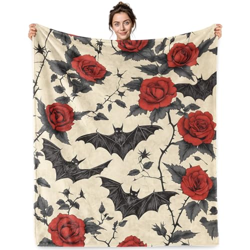 Jekeno Gothic Gifts Blanket Vintage Flying Bats Roses Throw Blanket