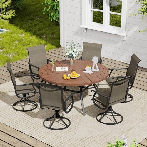 Image of VICLLAX 47.2 inch Round Outdoor Table, Patio Dining Table for 6 with Umbrella Hole for Garden Lawn Deck Backyard, Walnut