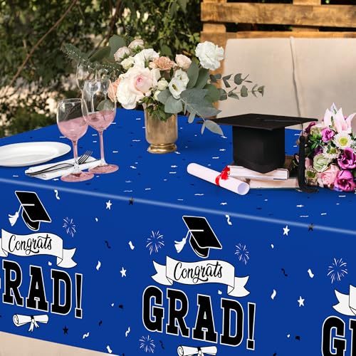 Image of QZYL 2 PCS Graduation Decorations 2026, 108 inch X 54 inch Blue Graduation Tablecloth, Disposable Plastic Class of 2026 Tablecover, Rectangle Congrats Grad Table Cover for Grad Decor Party Supplies for Kids