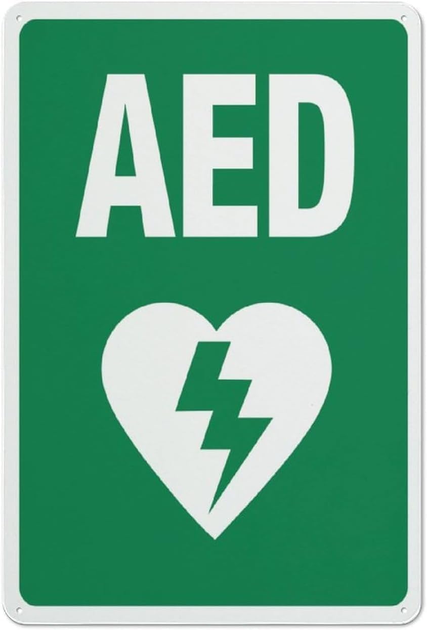 Outdoor AED Medical Emergency Alert Sign, Printed Rustproof Aluminum Plate, Easy Mount Public Driveway First Aid Safety Marker, 8x12 Inch