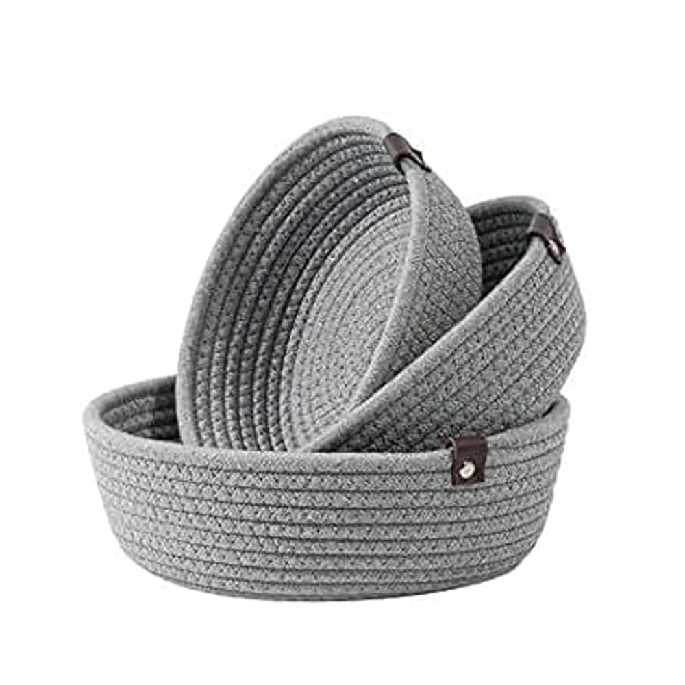 TRENDOZE 100% Natural Jute small box mini rope paper storage Round hamper baby nursery tray bucket for Living Kitchen, Office, Drawing Room,fruits, kitchen, office, (GREY SET OF 3)