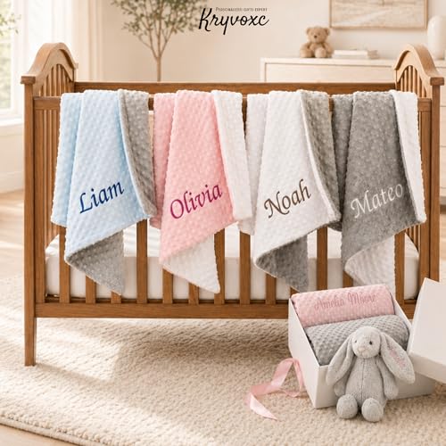 Image of Personalized Baby Blanket and Plush Bunny Set, Custom Baby Blankets and Rabbit with Name, Personalized 2 in 1 Gift Set for Boy Girl Toddlers, Minky Dot Swaddle, Gift Set for Showering, Birthday