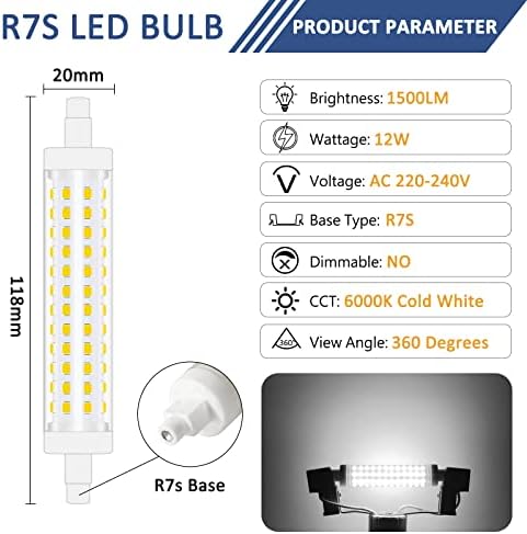 Caldarax 12W R7s LED Bulb 118mm, Cool White 6000K, 120W R7s J118 Linear Halogen Bulb Replacement, 1500LM, Non-Dimmable, Double Ended R7s Base for Ceiling Floodlight Lamp, 2 Pcs