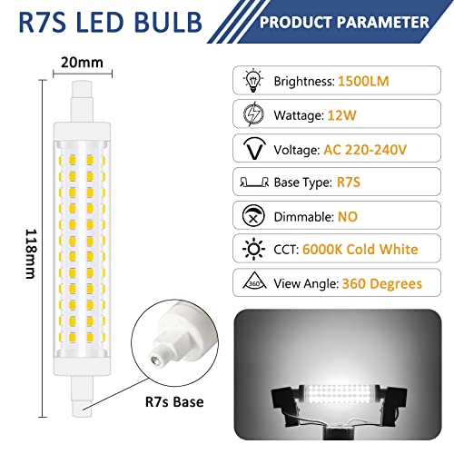 Caldarax 12W R7s LED Bulb 118mm, Cool White 6000K, 120W R7s J118 Linear Halogen Bulb Replacement, 1500LM, Non-Dimmable - Image 2