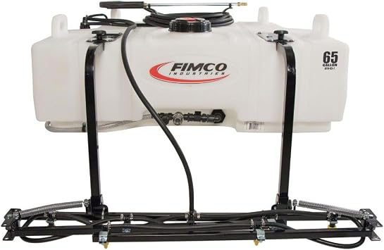 FIMCO 5302830 UTV Sprayer, 65 Gallon Tank, 4.5 GPM 12V Diaphragm Pump, 7 Nozzle Folding Boom 12 Ft Coverage, 25 Ft Hose, Adjustable Wand, TeeJet AIXR Tips, Bed Mounted System