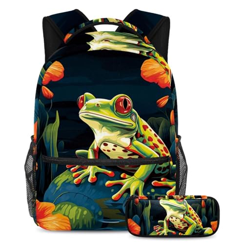 Mochila con estuche para lápices, juego de 2 mochilas escolares para niños, niñas y adolescentes, bolsa de viaje para estudiantes, arte floral con rana 69, Arte floral con rana, large