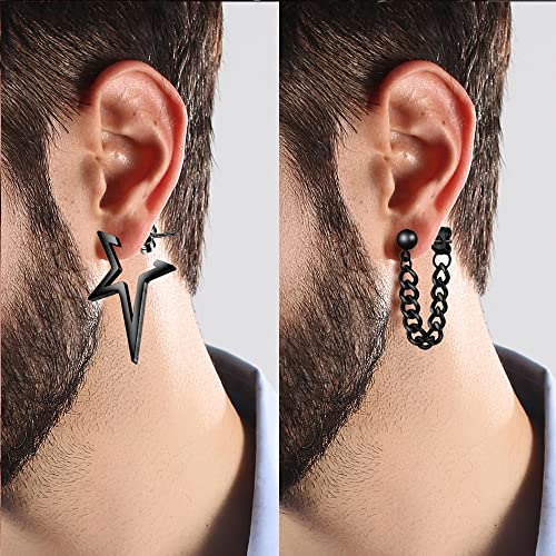 16 Pairs Stainless Steel Punk Y2K Black Dangle Earrings For Men, Axe Skull Screw Cone Etc Huggie Hoop Long Chain Piercing Hoop Earrings Set For Unisex Earrings For Women #TOP5