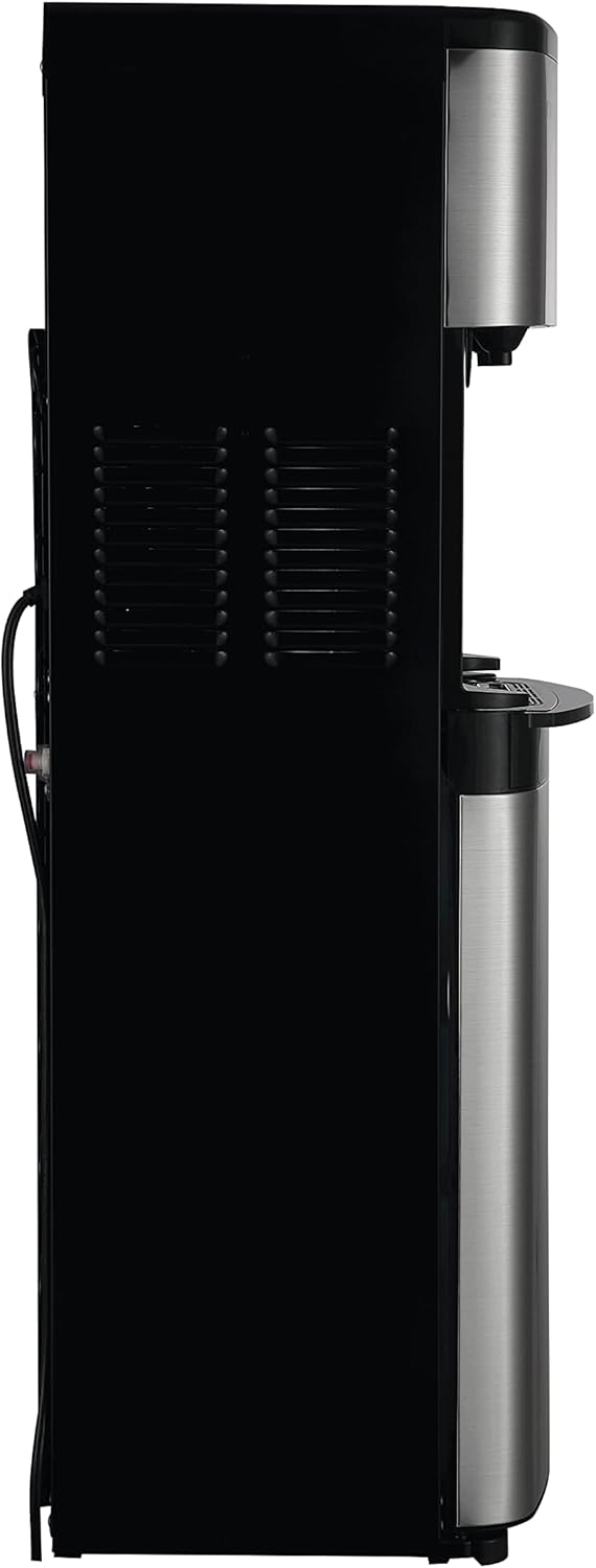 A person loading a 5-gallon water bottle into the bottom compartment of the Primo Smart Touch 2.0 Water Dispenser.