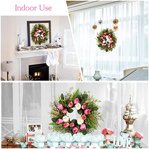 Valentine's Day Wreath Wreaths For Front Door, 22 Inch Pink Spring Summer Door Wreath With Tulip And Green Leaves Farmhouse Floral Wreaths For Window Wall Indoor Outdoor Home Wedding Decor #TOP5