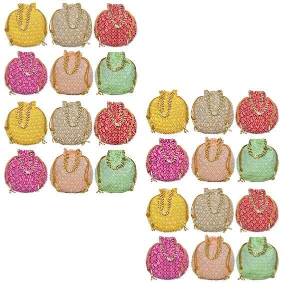 Image of Women Potli Bags | Zari Embroidered Silk With Drawstring | Traditional Return Gifts for Mehandi, Haldi, Baby Shower, Wedding, Sangeet, Seemantham