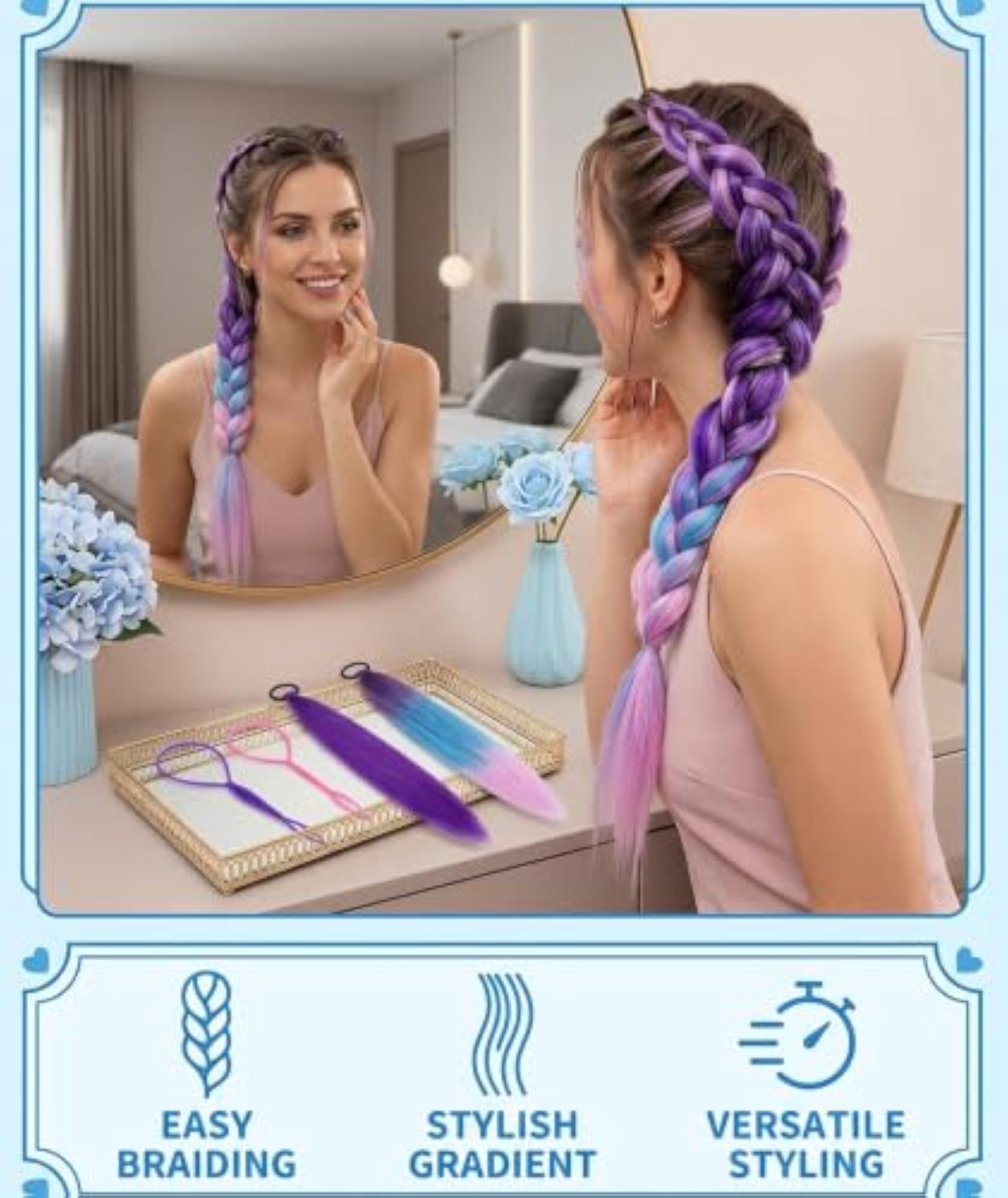 4pc Purple Hair Extensions Set with Braider Tool for Women