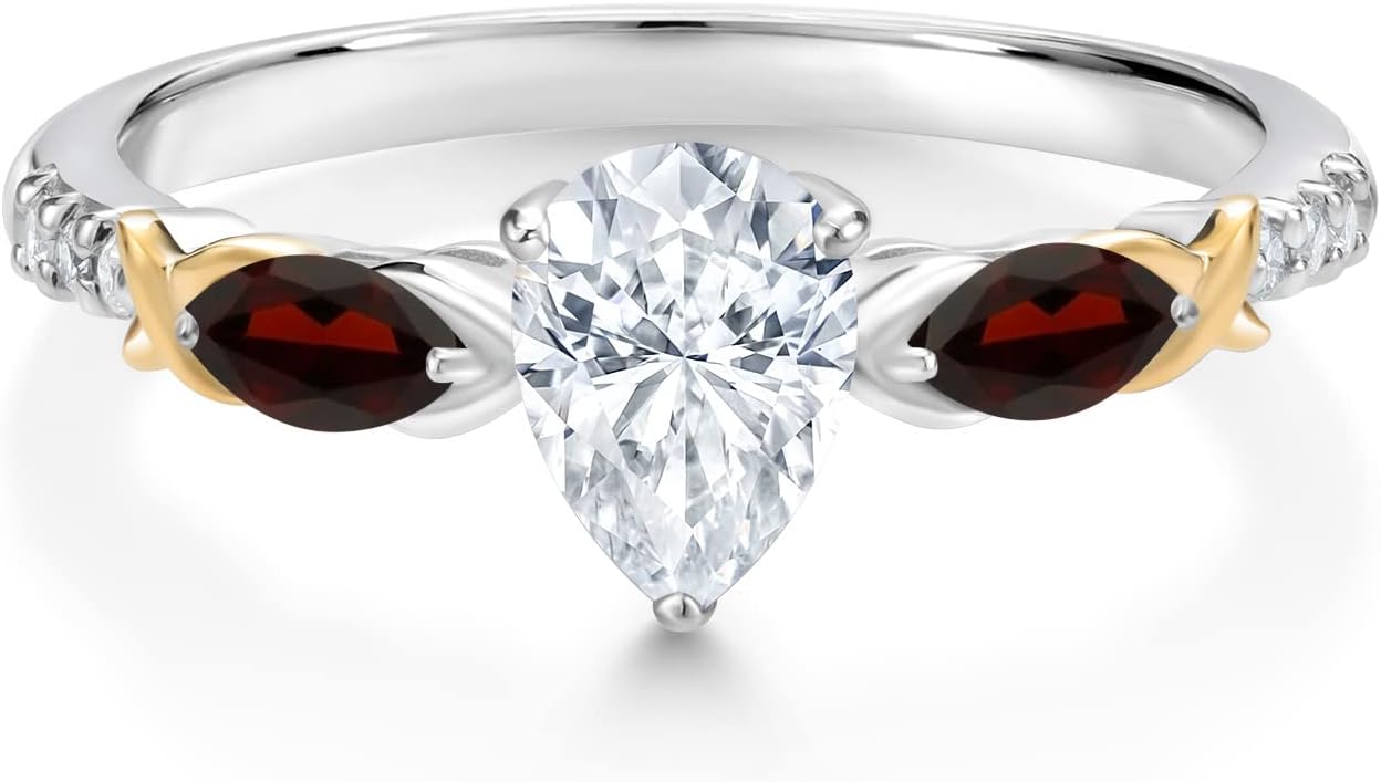 Gemstone Birthstone, Garnet and Lab Grown Diamond Two-Tone Twist Engagement Ring for Women | 925 Silver & 10K Yellow Gold | Pear 7X5MM, Marquise 5X2.5MM, Round 1.2MM | Wedding Anniversary Promise Ring